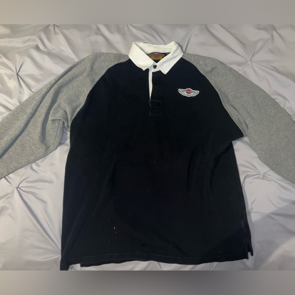 Vintage Black and grey Harley Davidson long sleeve polo shirt